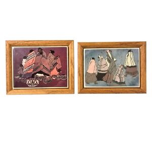 Lot 2 Southwest Navajo Women Framed Tiles Artist‎ Joanie Barbier Native American